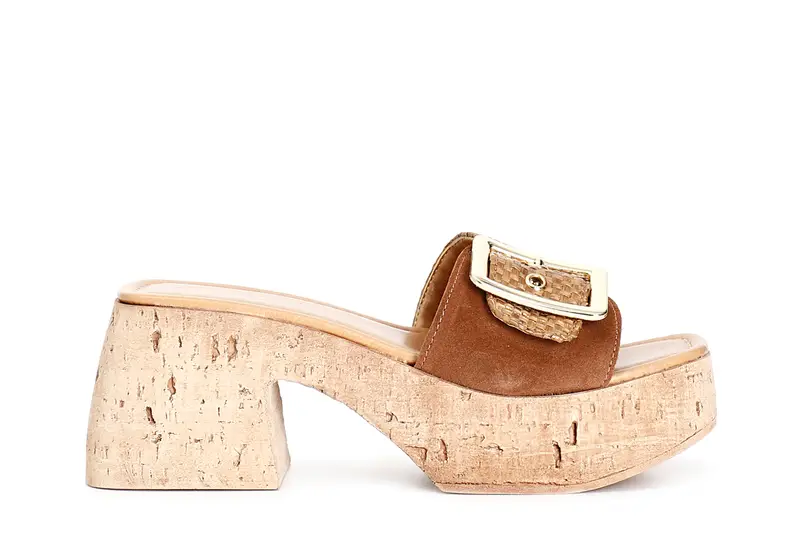 ciabatta in pelle scamosciata e raffia con fibbia cuoio 40