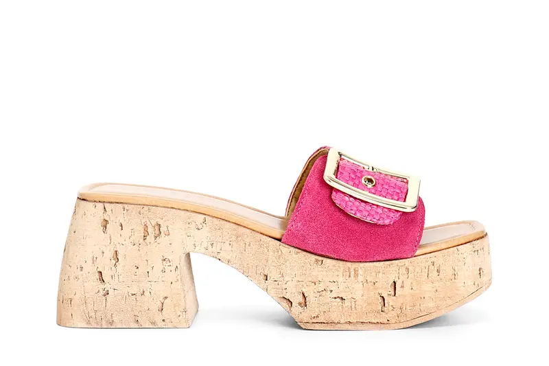 ciabatta in pelle scamosciata e raffia con fibbia fuxia 37