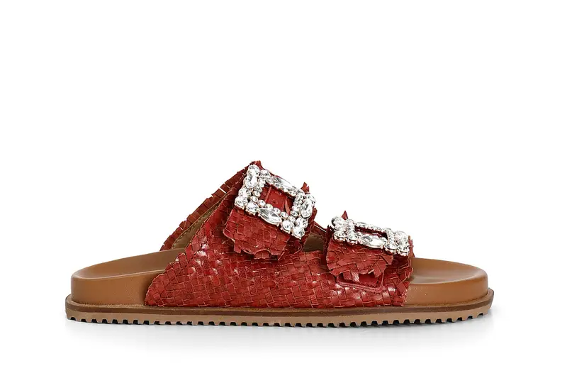 ciabatta intrecciata in pelle con doppia fibbia gioiello bordeaux 36