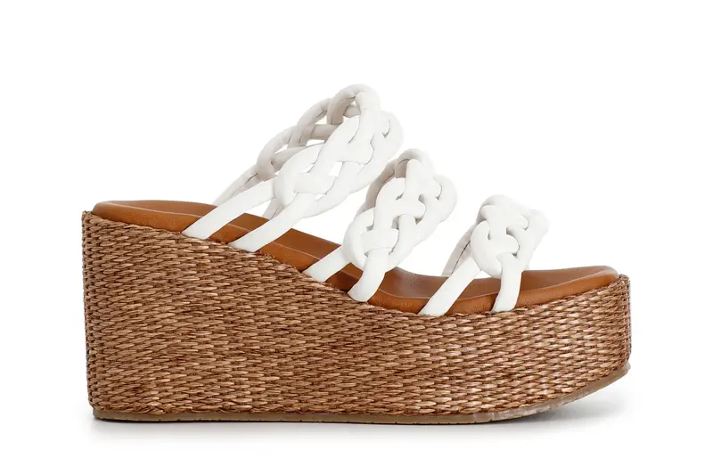 ciabatta tre fasce su zeppa in rafia bianco