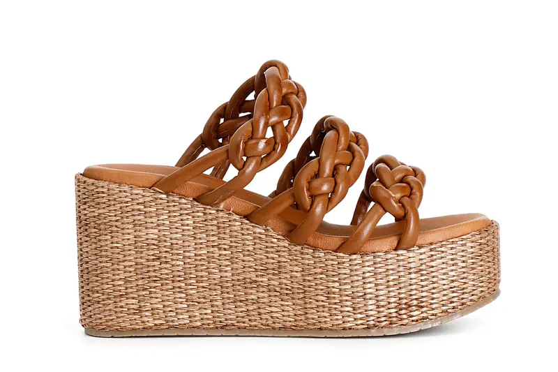 ciabatta tre fasce su zeppa in rafia cuoio 37