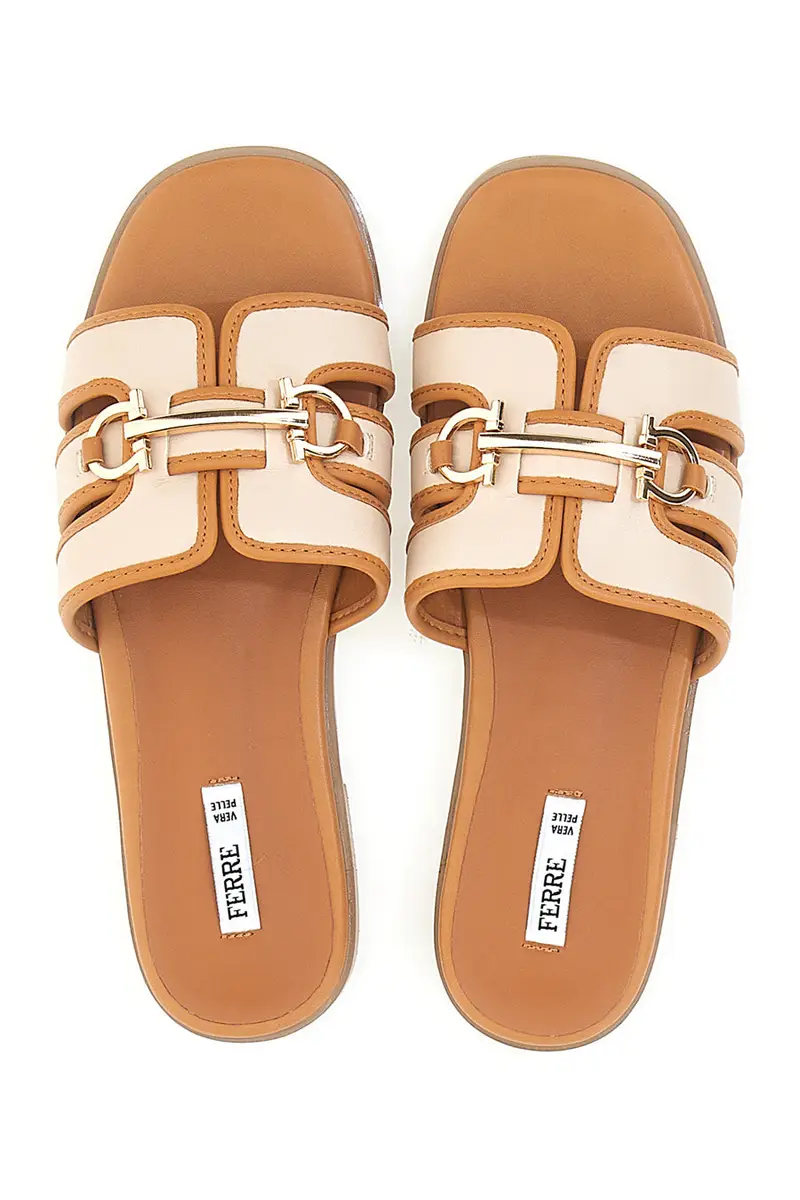 Ciabatte beige e cuoio con catena dorata Ferrè F255 miniatura 3