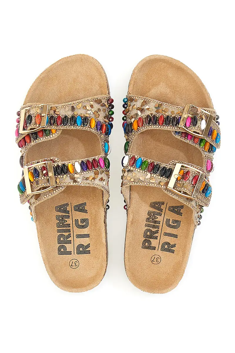 Ciabatte con doppia fascia decorata con strass e pietre colorate Prima Riga 104334