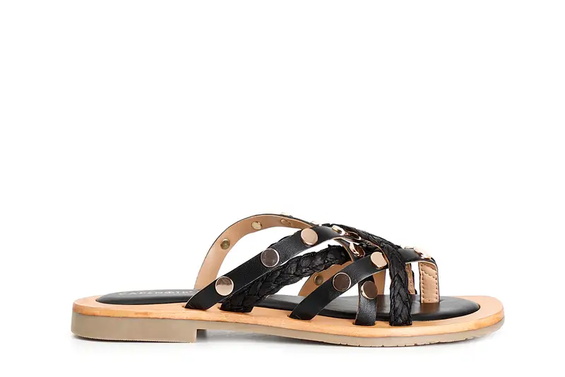 ciabatte con fasce in pelle e raffia nero