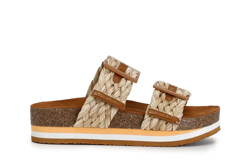 ciabatte doppia fibbia in raffia intrecciata cuoio