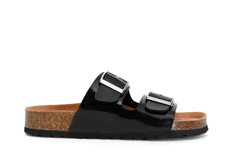 ciabatte due fasce in vernice con fibbia nero