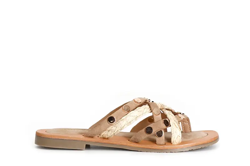 ciabatte in pelle scamosciata e raffia sabbia