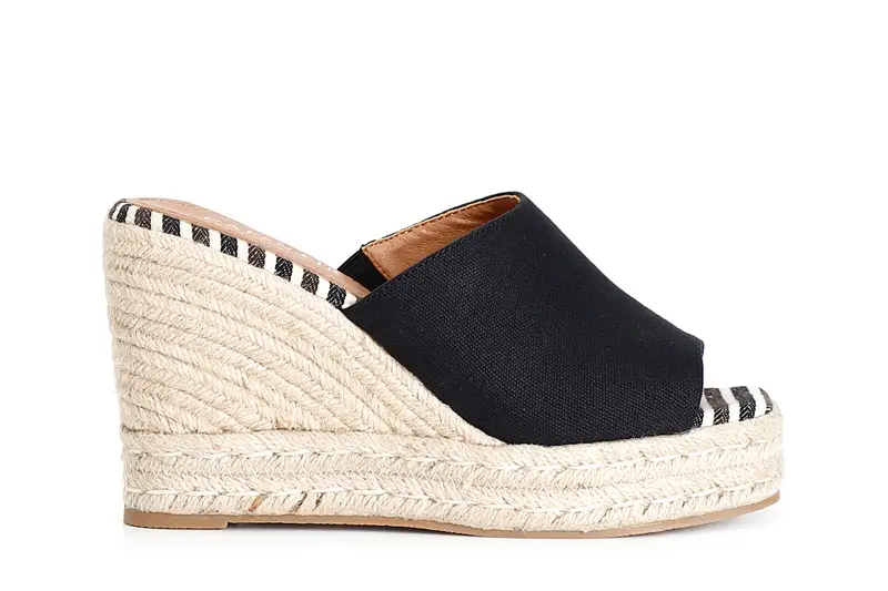 ciabatte in tessuto su zeppa corda nero