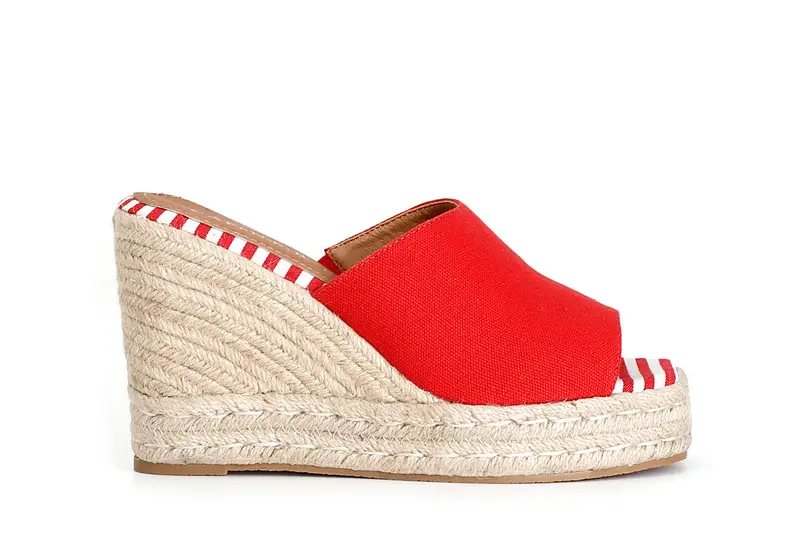 ciabatte in tessuto su zeppa corda rosso