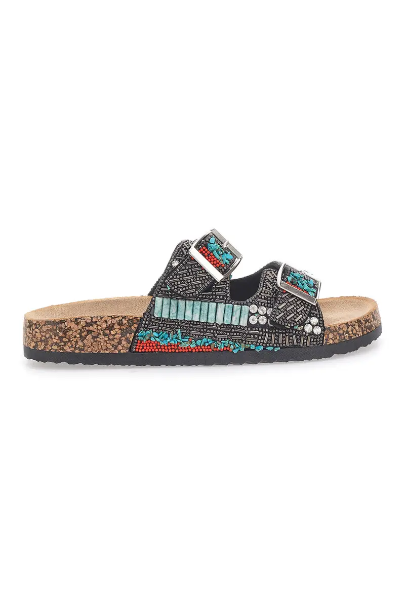 Ciabatte nere con fibbie e decorazioni etniche Prima Riga 14178