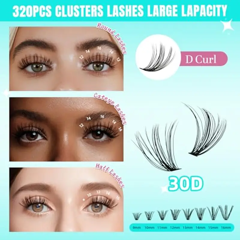 Ciglia individuali, ciglia a grappolo D Ciglia a grappolo individuali 320Pcs 30D Extension ciglia, ciglia morbide miniatura 3