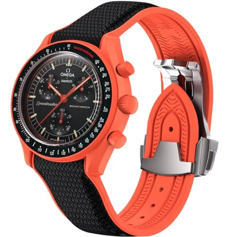 Cinturino per orologio Omega x Swatch MoonSwatch da 20 mm, cinturino pieghevole con fibbia compatibile con Omega X, Swatch Moonswatch Speedmaster, curvo senza spazi vuoti, cinturino di (Arancio nero)