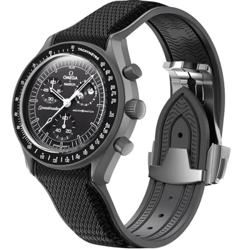 Cinturino per orologio Omega x Swatch MoonSwatch da 20 mm, cinturino pieghevole con fibbia compatibile con Omega X, Swatch Moonswatch Speedmaster, curvo senza spazi vuoti, cinturino di (Nero)