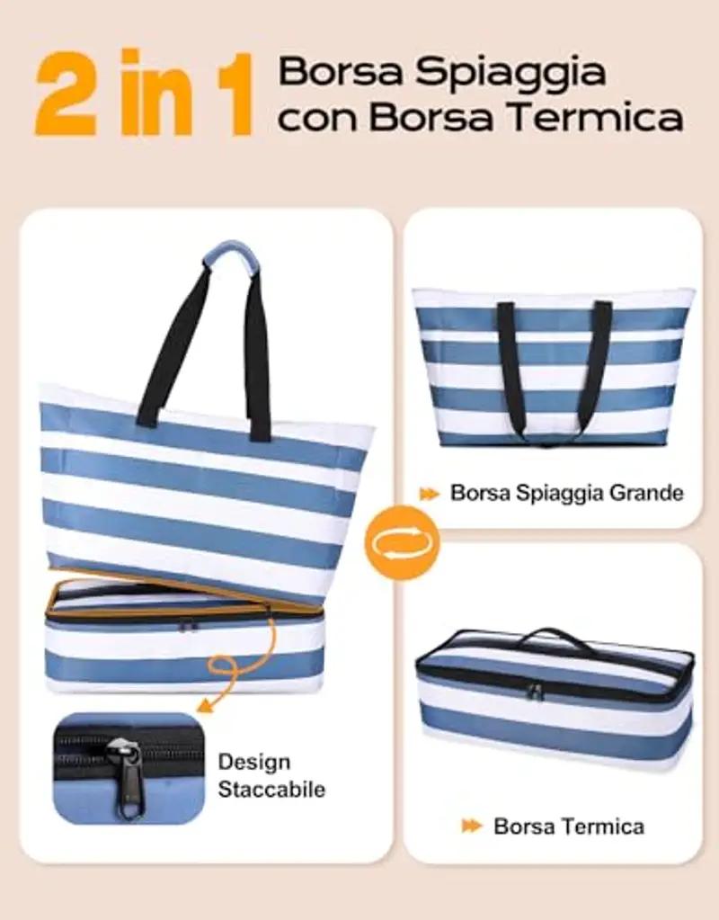 CIRYCASE Borsa Mare Grande con Termica XXL, 49L Borsa da Spiaggia Viaggio Resistente Acqua, Anti-Sabbia Pieghevole Borsone Tote Bag Multitasche e Barriera Umida per Famiglia/Palestra/Shopping/Vacanze miniatura 2