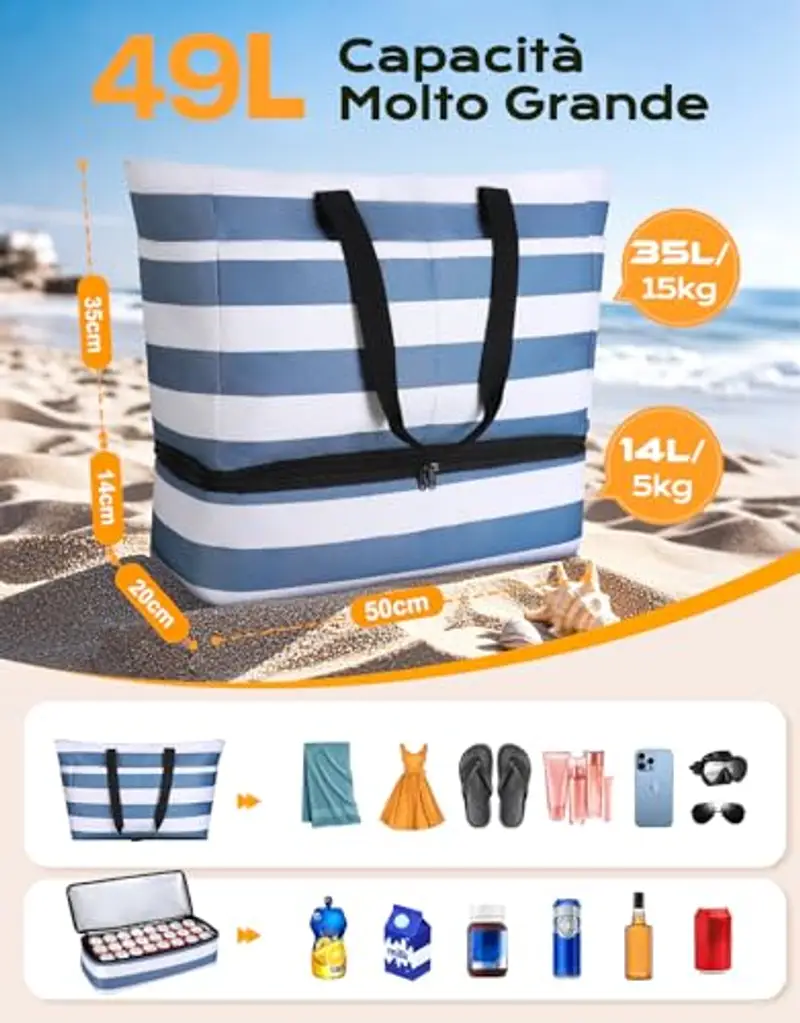 CIRYCASE Borsa Mare Grande con Termica XXL, 49L Borsa da Spiaggia Viaggio Resistente Acqua, Anti-Sabbia Pieghevole Borsone Tote Bag Multitasche e Barriera Umida per Famiglia/Palestra/Shopping/Vacanze miniatura 3