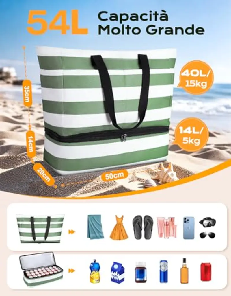CIRYCASE Borsa Mare Grande con Termica XXL, 54L Borsa da Spiaggia Viaggio Impermeabile, Anti-Sabbia Pieghevole Borsone Mano Tote Bag Multitasche e Barriera Umida per Famiglia/Shopping/Palestra/Vacanze miniatura 3