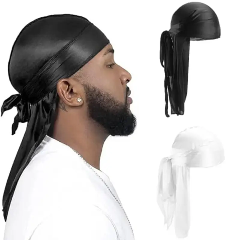 CISKHQR 2 Pezzi Silky Durag Cappello da Uomo Soft Pirate Durag, Cappuccio Elastico Waves Unisex con Code Lunghe e Cinghie Larghe Cappello Durag Pirate Hat Traspirante per Donna Uomo
