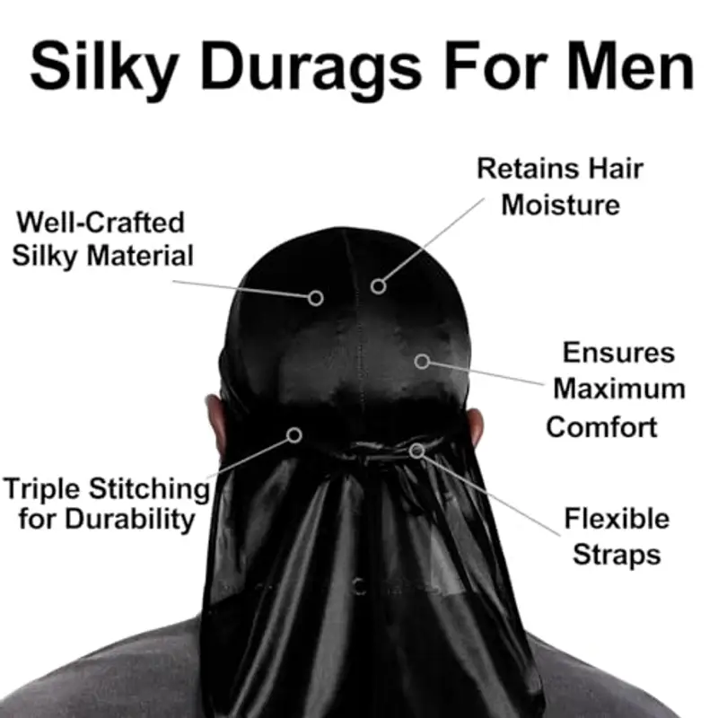 CISKHQR 2 Pezzi Silky Durag Cappello da Uomo Soft Pirate Durag, Cappuccio Elastico Waves Unisex con Code Lunghe e Cinghie Larghe Cappello Durag Pirate Hat Traspirante per Donna Uomo miniatura 3