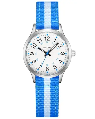 CIVO Orologio Bambino Bambina Analogico: Orologio da Polso Bambini 5-12 Anni Cinturino Nylon Blu Bianco - Facile da