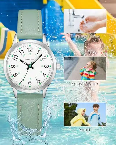 CIVO Orologio Bambino Bambina Analogico: Orologio da Polso Bambini 5-12 Anni Cinturino Pelle Verde - Facile da Leggere miniatura 3