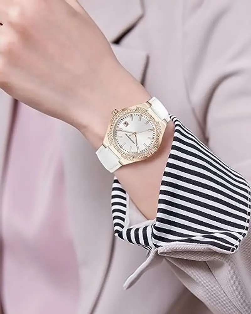 CIVO Orologio Donna Elegante Diamanti Analogico Orologio da Polso Impermeabile Calendario Cinturino Cuoio Bianco miniatura 2