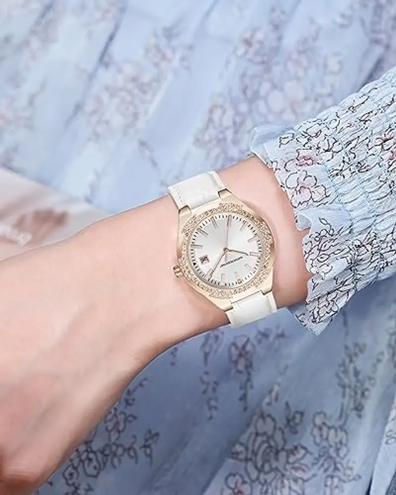 CIVO Orologio Donna Elegante Diamanti Analogico Orologio da Polso Impermeabile Calendario Cinturino Cuoio Bianco miniatura 3