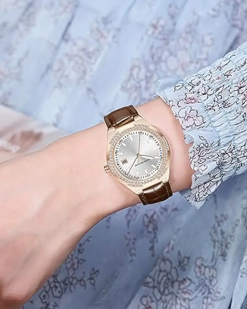 CIVO Orologio Donna Elegante Diamanti Analogico Orologio da Polso Impermeabile Calendario Cinturino Cuoio Marrone miniatura 2