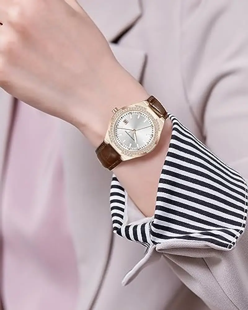 CIVO Orologio Donna Elegante Diamanti Analogico Orologio da Polso Impermeabile Calendario Cinturino Cuoio Marrone miniatura 3