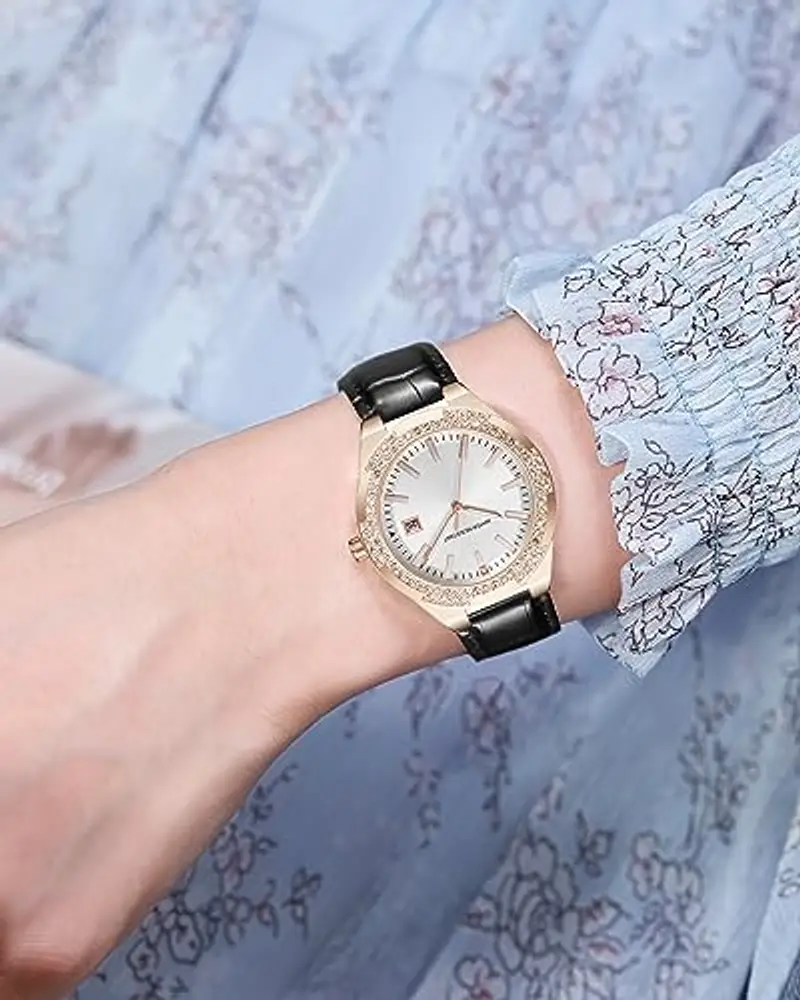 CIVO Orologio Donna Elegante Diamanti Analogico Orologio da Polso Impermeabile Calendario Cinturino Cuoio Nero Orologio miniatura 2