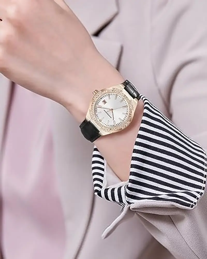 CIVO Orologio Donna Elegante Diamanti Analogico Orologio da Polso Impermeabile Calendario Cinturino Cuoio Nero Orologio miniatura 3