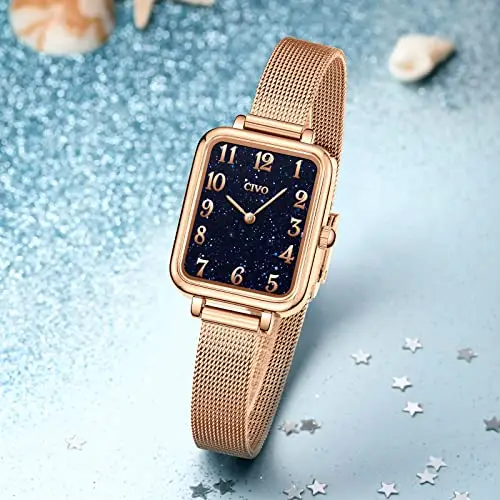 CIVO Orologio Donna Oro Rosa Sottile Ultra Minimalisti Cielo Stellato Quadrato Acciaio Inossidabile Impermeabile miniatura 3