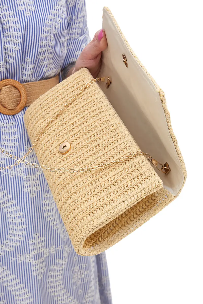 Cluch Beige Effetto Paglia Con Catena Rimovibile COVERI COLLECTION 0149-I miniatura 2