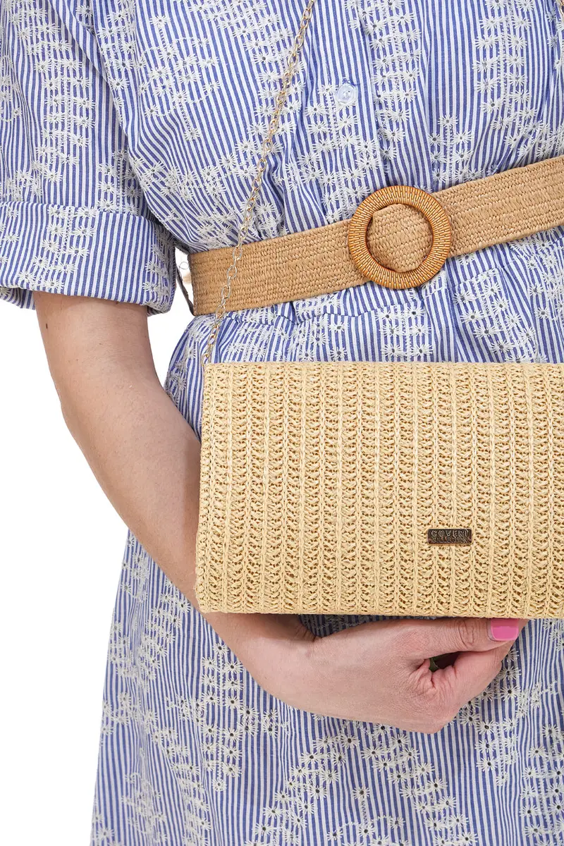 Cluch Beige Effetto Paglia Con Catena Rimovibile COVERI COLLECTION 0149-I miniatura 3