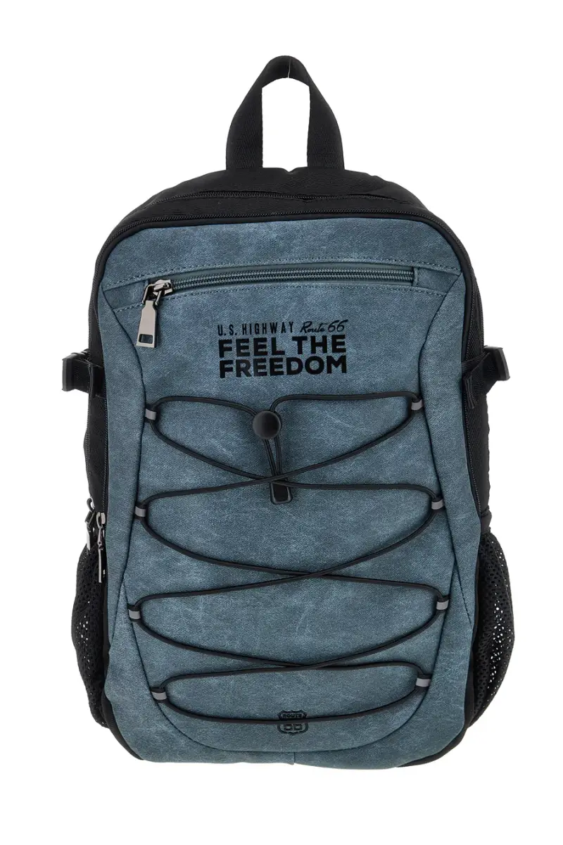 Zaino blu e nero con tasche multiple e cordini frontali Route 66 61992/L/SETRN [JEANS]