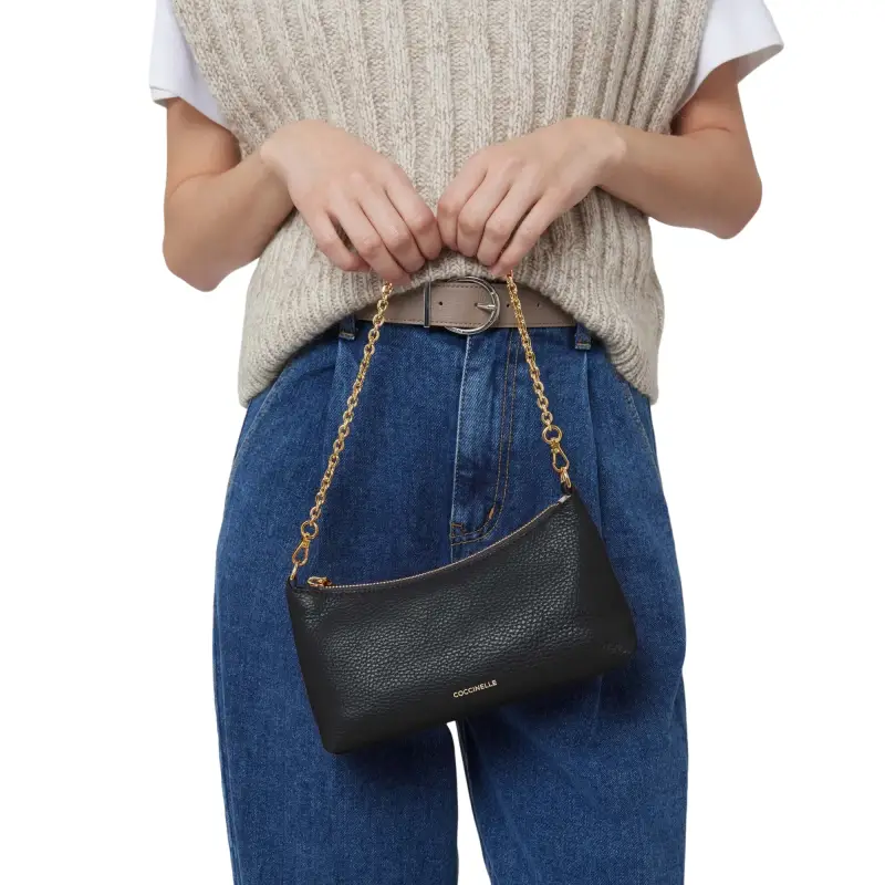 Borsa Donna Nera con Catena e Tracolla Regolabile, In Vera Pelle, Aura Nero miniatura 2