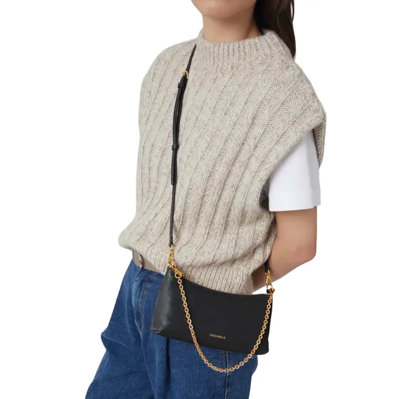 Borsa Donna Nera con Catena e Tracolla Regolabile, In Vera Pelle, Aura Nero miniatura 3