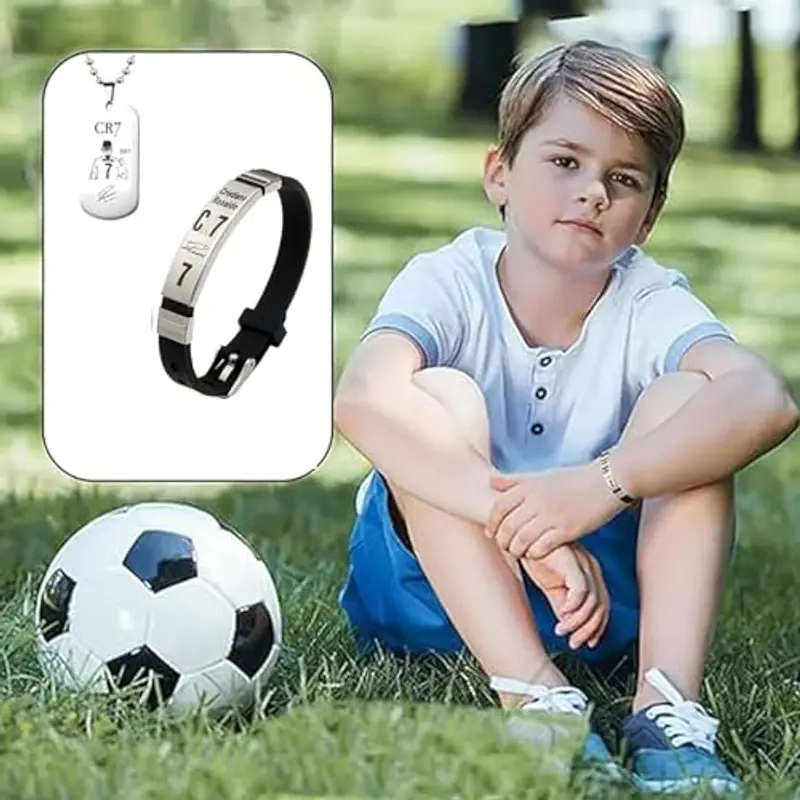 Collana da calcio, da ragazzo, collana per ragazzi, collana numero 7, collana per bambini, collana da calcio, calcio per gli appassionati di palla, regalo (collana+braccialetto) miniatura 3