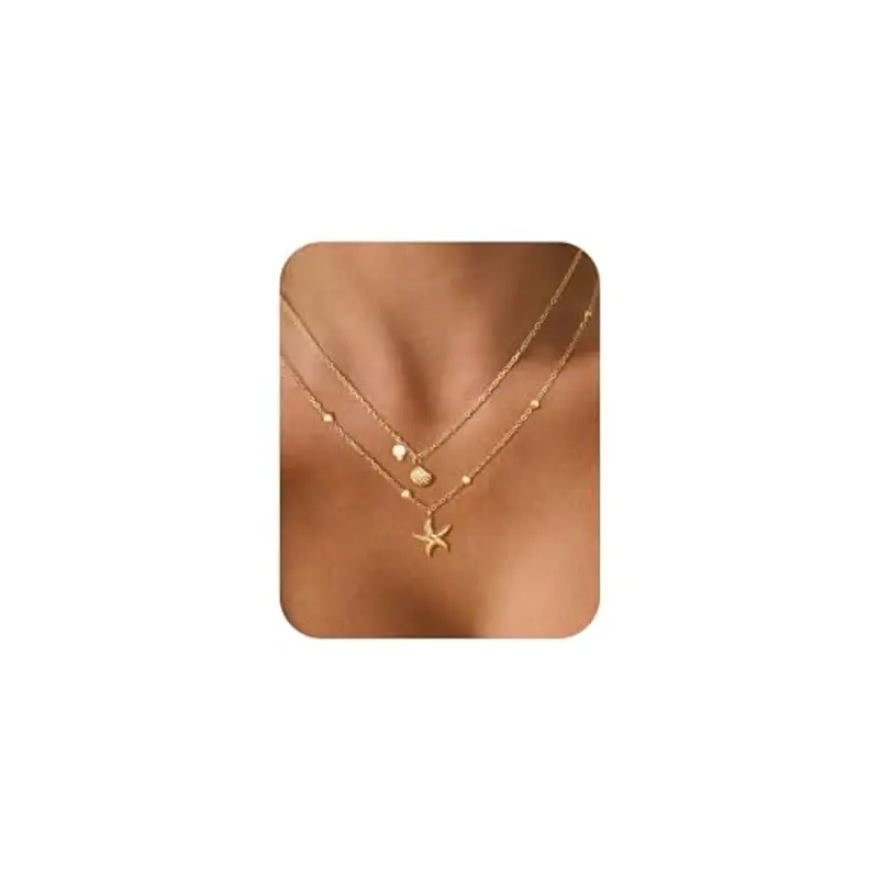 Collana Donna Doppio Strato con Conchiglia, Stella Marina e Perla – Collana placcato oro 14K Regolabile in Acciaio Inossidabile, Collana Estiva Boho Chic Resistente all’Acqua, Gioielli Mare Vacanza