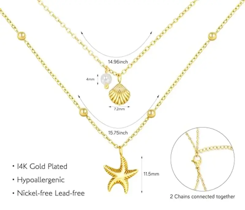 Collana Donna Doppio Strato con Conchiglia, Stella Marina e Perla – Collana placcato oro 14K Regolabile in Acciaio Inossidabile, Collana Estiva Boho Chic Resistente all’Acqua, Gioielli Mare Vacanza miniatura 2