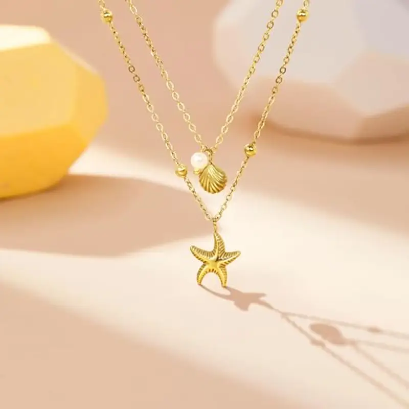 Collana Donna Doppio Strato con Conchiglia, Stella Marina e Perla – Collana placcato oro 14K Regolabile in Acciaio Inossidabile, Collana Estiva Boho Chic Resistente all’Acqua, Gioielli Mare Vacanza miniatura 3