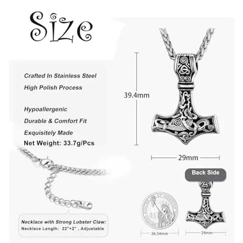 Collana Martello Thor, Collana Uomo, Vichinga Mjolnir Ciondolo, Collana Uomo Martello di Thor, Collana Acciaio miniatura 2