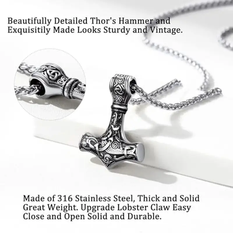 Collana Martello Thor, Collana Uomo, Vichinga Mjolnir Ciondolo, Collana Uomo Martello di Thor, Collana Acciaio miniatura 3