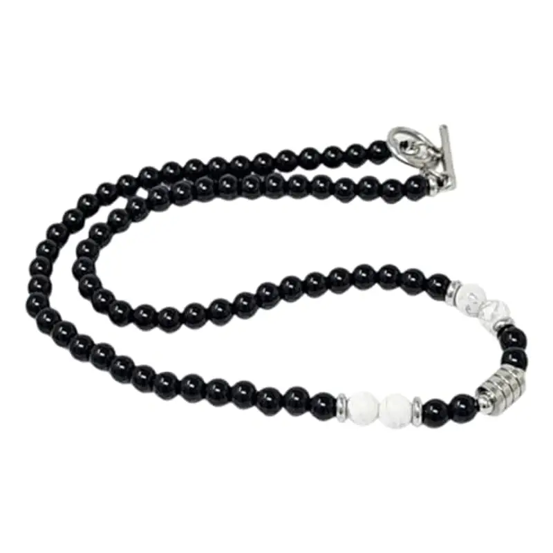Collana Uomo, Collana Uomo in Pietre Naturali con 6 mm Perle di Ossidiana Nera e Turchese bianco 6 mm - Gioiello Maschile Elegante, Ideale per Lui
