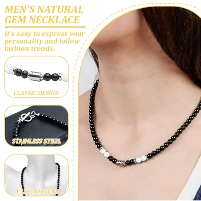 Collana Uomo, Collana Uomo in Pietre Naturali con 6 mm Perle di Ossidiana Nera e Turchese bianco 6 mm - Gioiello Maschile Elegante, Ideale per Lui miniatura 3