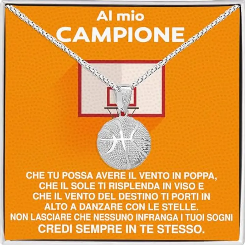 Collana Uomo Ragazzo Sportivo Basket Idee Regali per lui Bambino Sport Cindolo di Basket - Cofanetto con DEDICA incluso (Basketball)