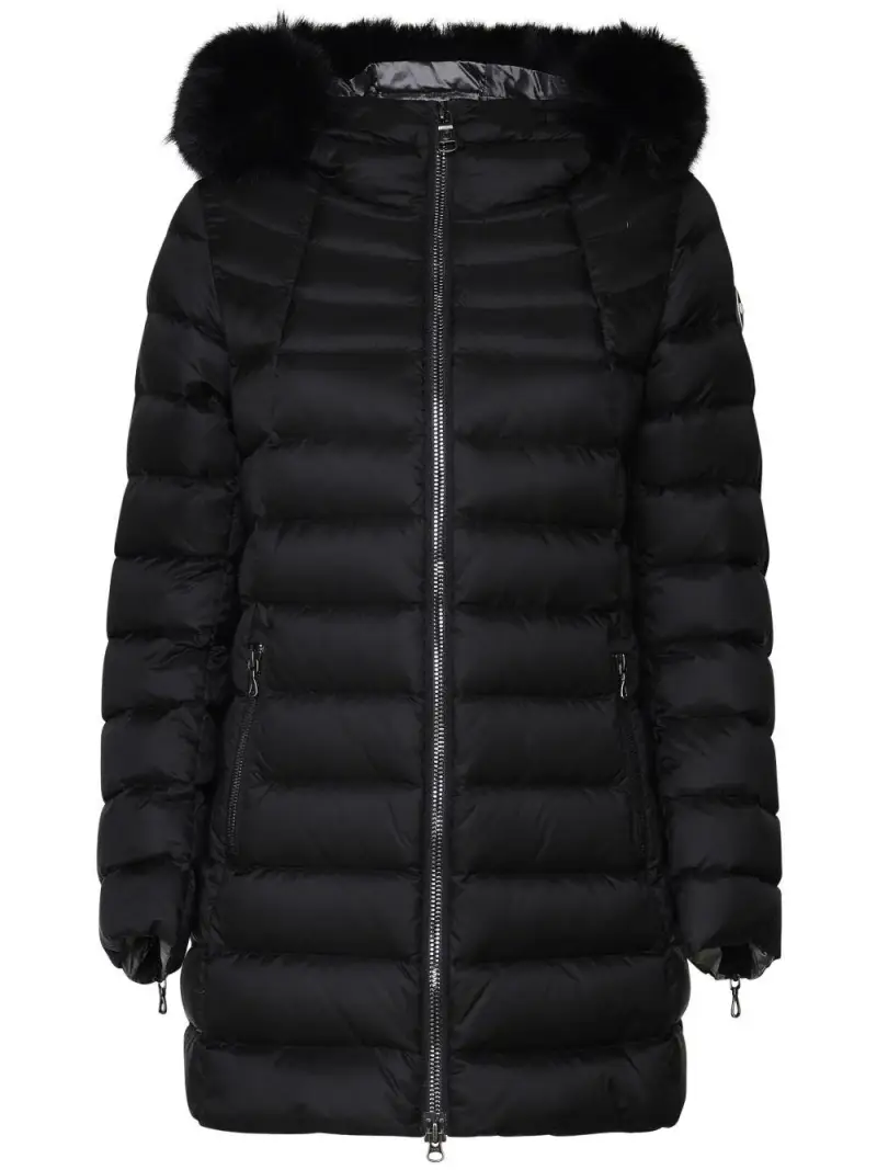 Cappotto nero trapuntato con cappuccio in pelliccia cruelty-free