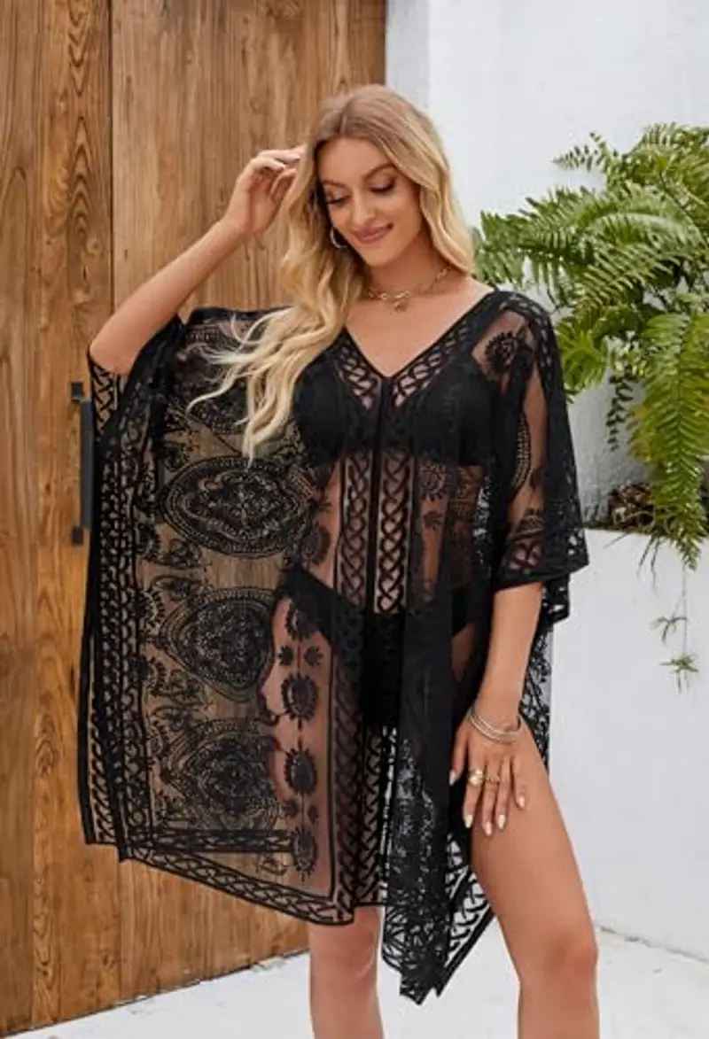 colornival Copricostume per Donna per Spiaggia e Piscina, Abito in Pizzo con Scollo a V, Copricostume Bikini miniatura 2