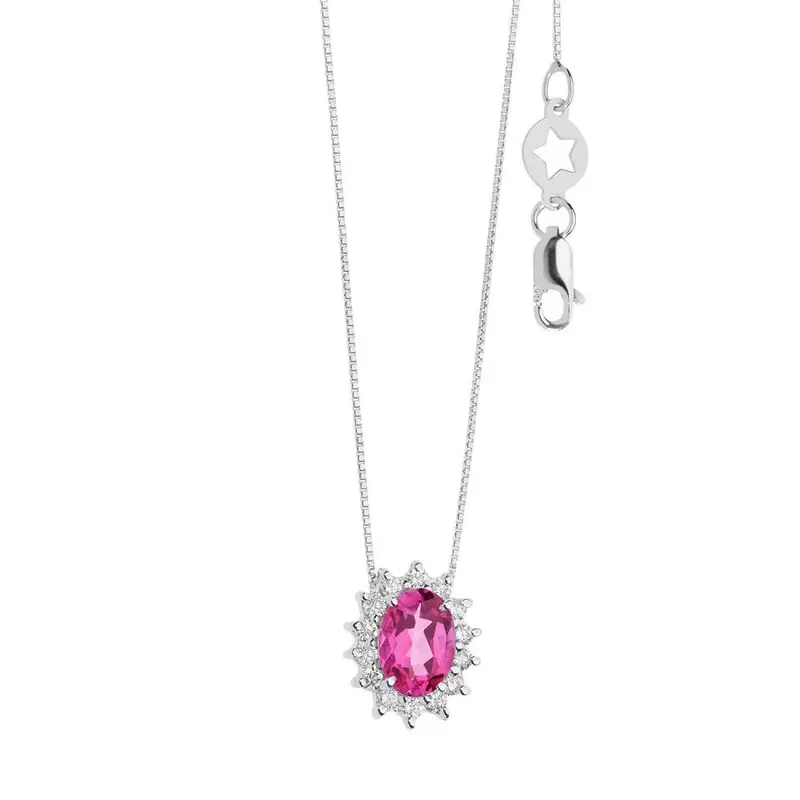 Girocollo In Oro Diamanti E Topazio Rosa Ovale - Comete Gioielli
