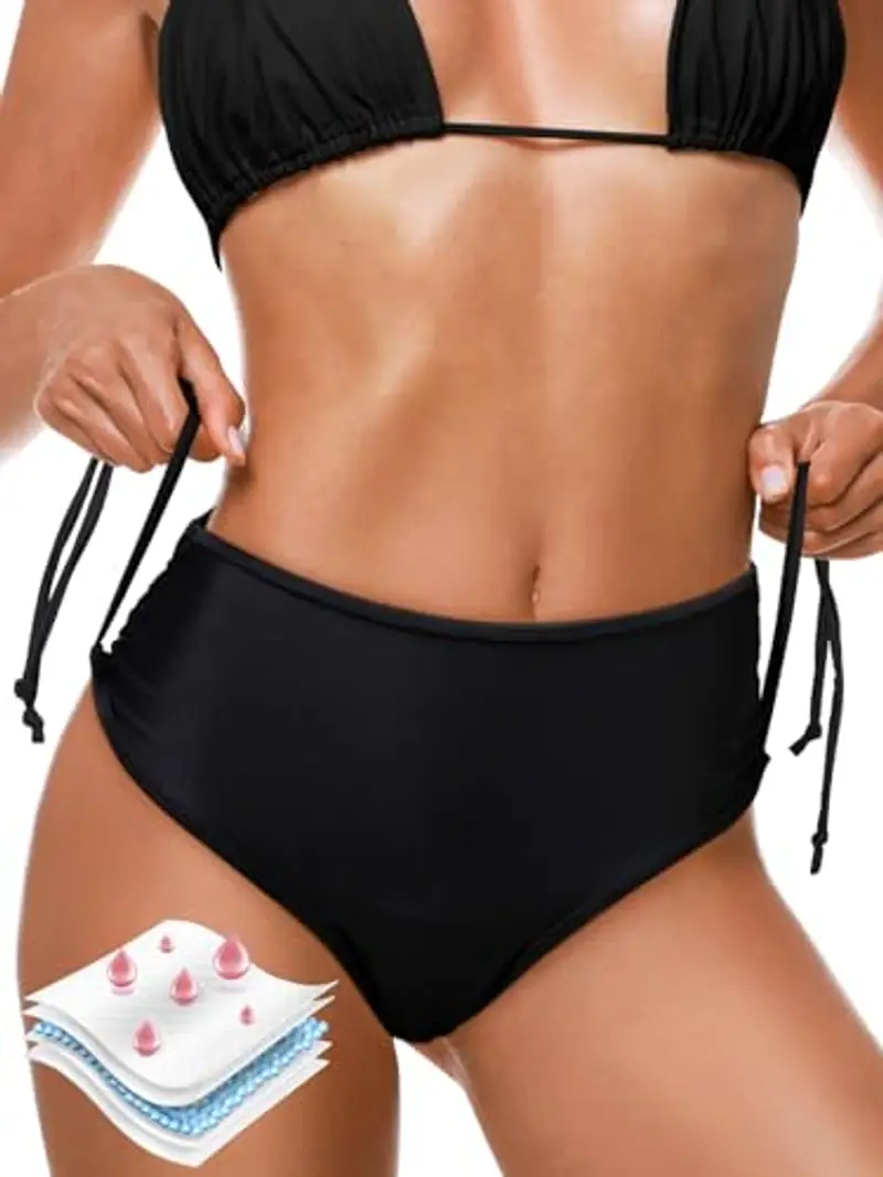 Comfyouth Periodi costumi da bagno per il nuoto da donna 4 strati a prova di perdite, pantaloni bikini a vita alta, costume da bagno nero adolescente ragazza periodi costume da bagno con coulisse