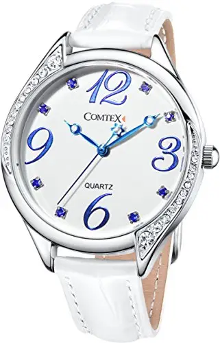 Comtex Orologio analogico da polso da donna,cinturino in pelle,impermeabile (Bianco(blu))